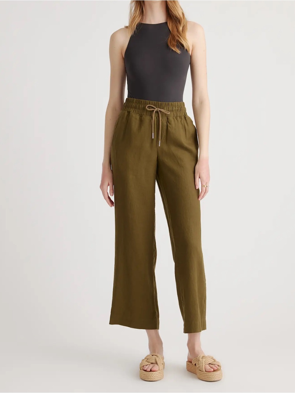 Quince European Linen Wide Leg Pants in Martini Olive Green Women's Size XS
